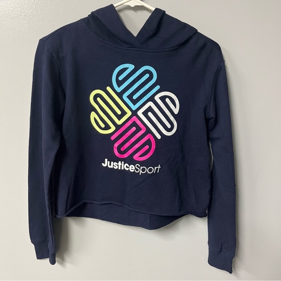girls justice sport cropped hoodie navy blue neon size 12 - Picture 1 of 6